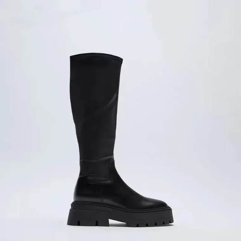 Knee Ladies Fashion High Heels Thin Spring AutumnThick Sole Elastic Black Long Boots New Platform Punk Style Botas