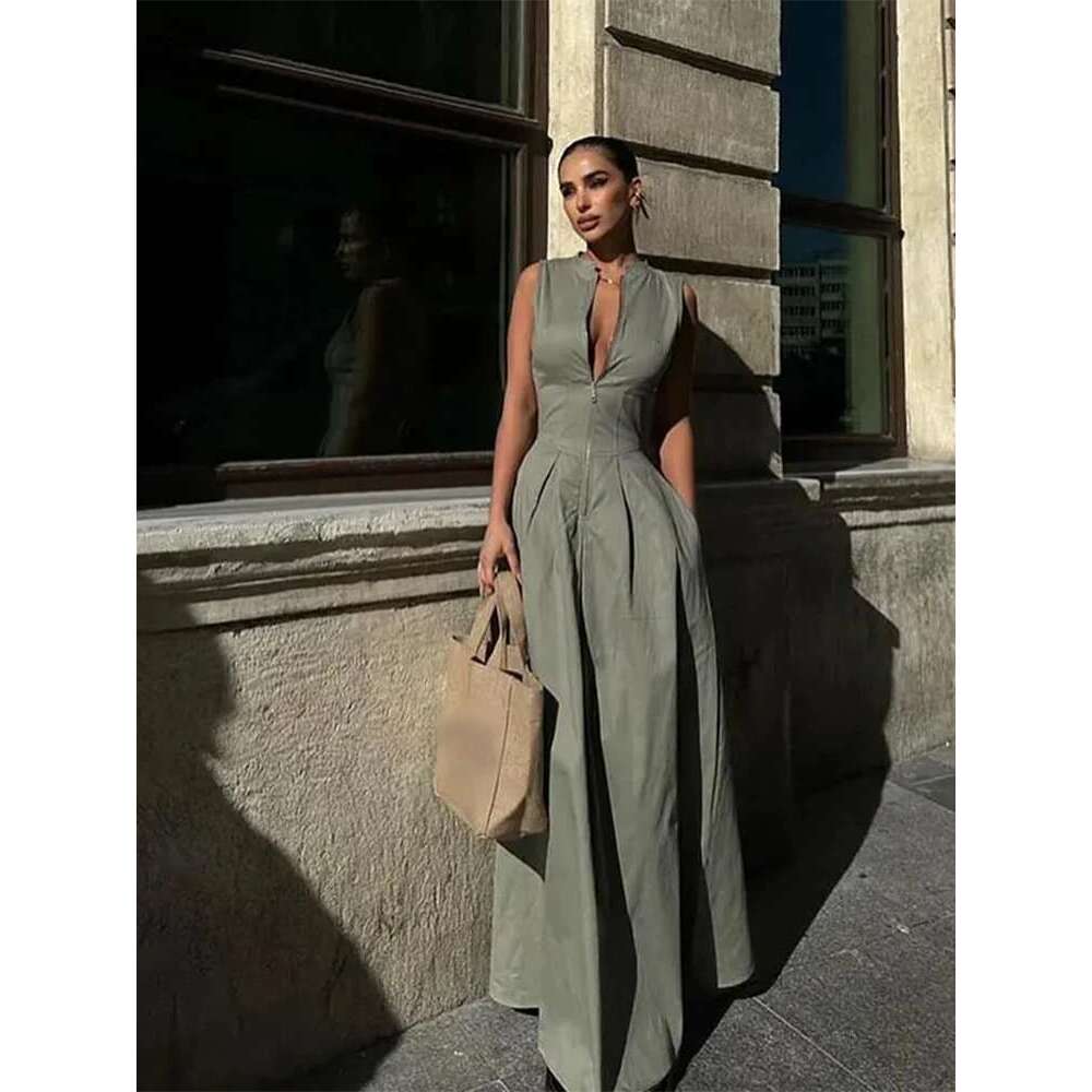 Sexy Solid High Waist Zipper Slim Maxi Dress Women Fashion V-Neck Sleeveless Pleated Long Dresses Summer Female Street Robes