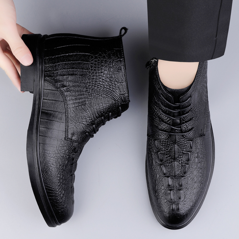 Men Chelsea Ankle Boots Side Zipper High Top Zip Crocodile Pattern Pointed Toe Business British Leather Shoes Party Dress Boots