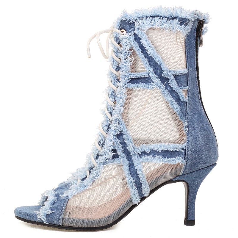 New Toe Peep Summer Sandals Women Sexy Blue Jeans Party Dance Shoes Pumps Lace-Up High Heels Mesh Ankle Boots Large Size 44 e608