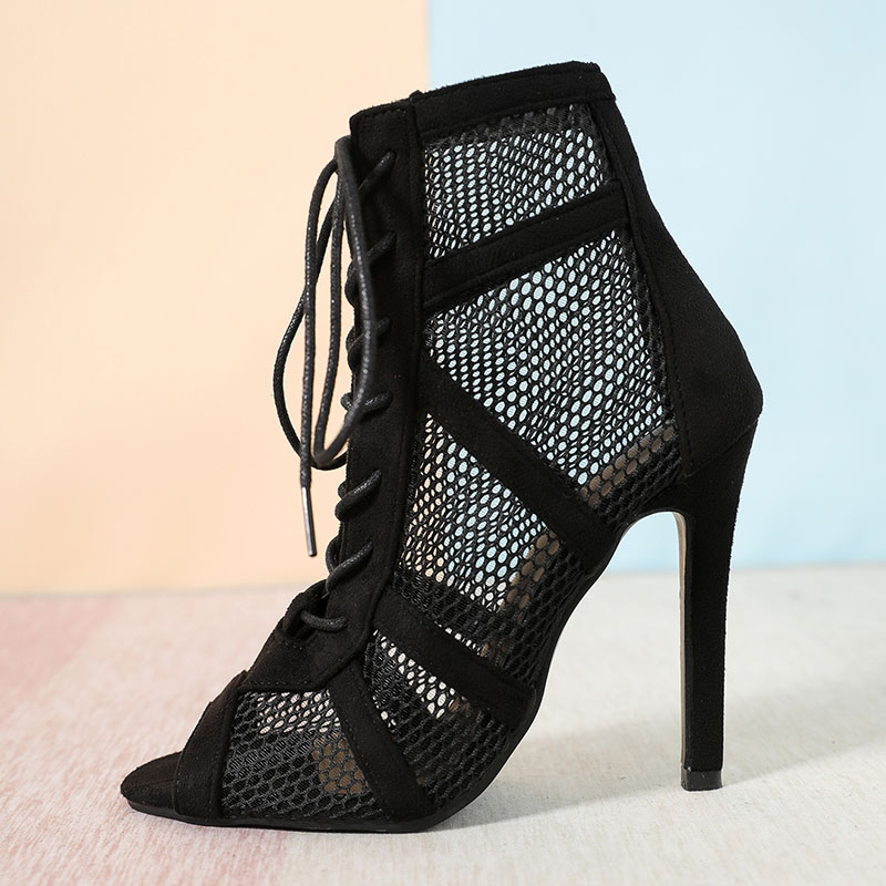 2025 new Footwear Black Fashion Mesh Pumps Women Gladiator Sandals Boots Dance Cross-tied Female Peep Toe Ladies Thin Heels Shoes 90ab