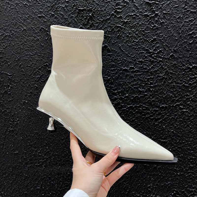 Fashion Metal Heel Women Ankle Stretch Female Designer Slip On Footwear Pointed Toe Ladies Elastic Short Boots Shoes 0279 bbbe dh31047