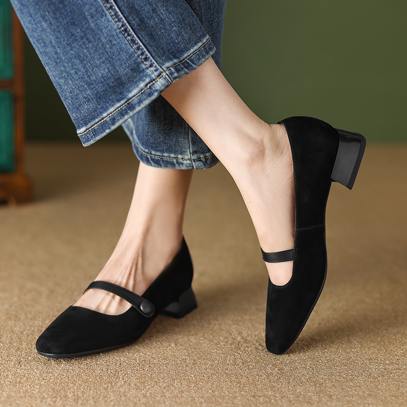 2025 new Spring Pumps for Women Square Toe Chunky Heel Suede Casual Slip-on Shallow Shoes Ladies Retro Low Heels 9d4d