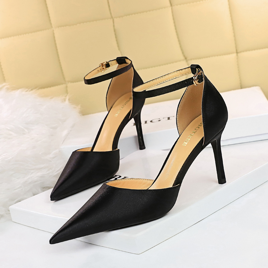2025 new Spring BIGTREE New Brand Pumps Novelty Buckle Strap Silk 8CM Thin Heels Mature Dress Sandals Women Shoes Black bfde