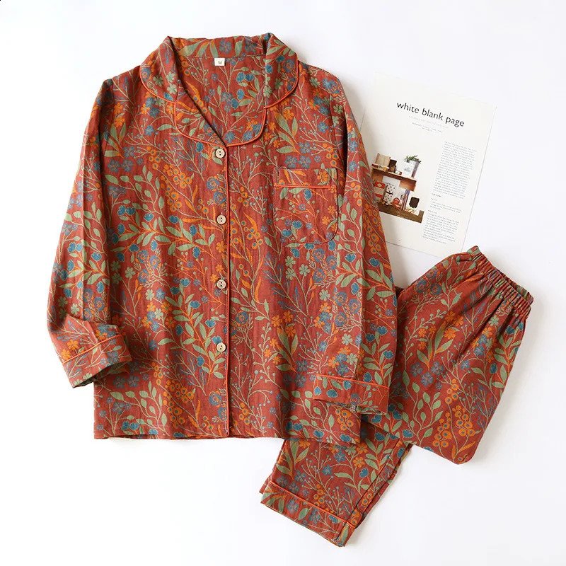 Vintage Womens Pajamas Cotton Yarn Long Sleeve Pants Sleepwear Lapel Cardigan Home Clothes Soft Casual Set Woman 2 Pieces 240911