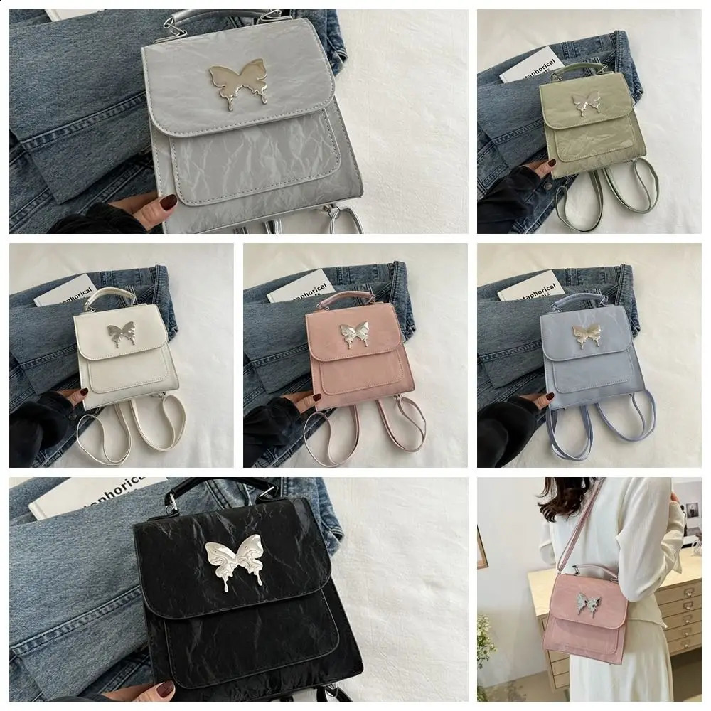 Large capacity Korean square backpack with butterfly pattern Pu leather backpack solid color handbag Y2k student backpack 240912