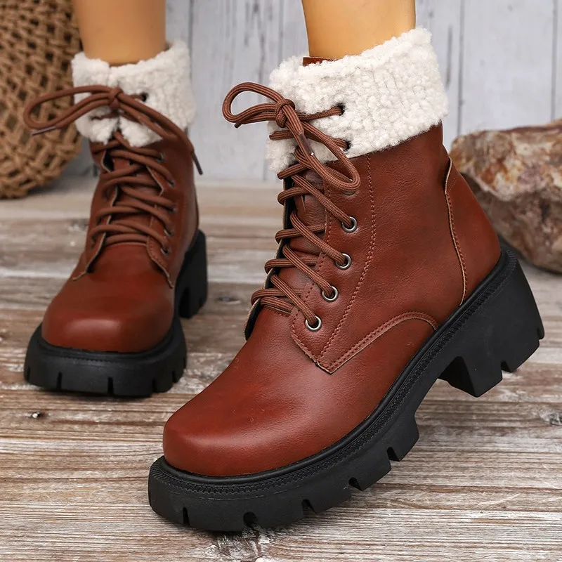 Thick Lace Up Ankle for Women Retro Non Slip Autumn Round Toe Boots Woman Platform Short Booties Botas De Mujer2025 5ee4