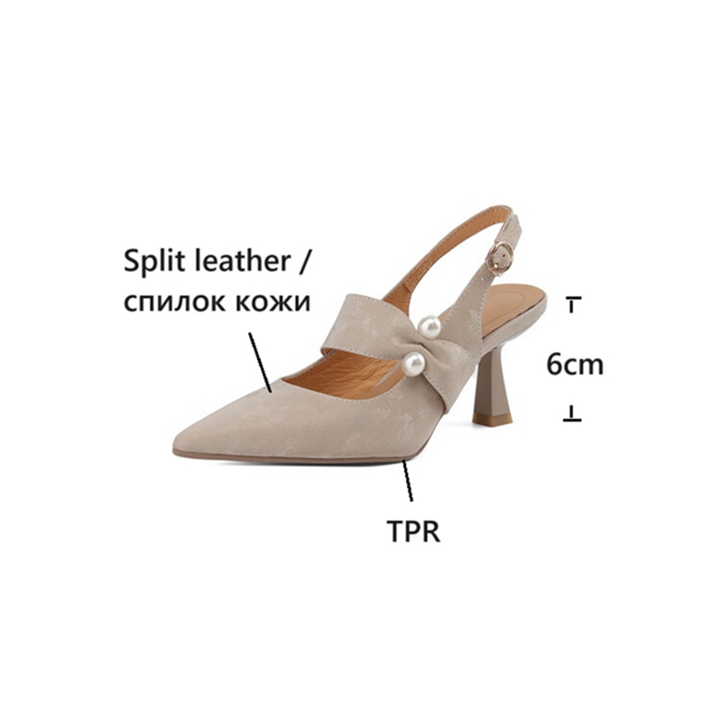 Summer NEW Split Leather for Pointed Thin Heel Cover Toe Sgback Shoes Women New Pearl Sandals 0d70