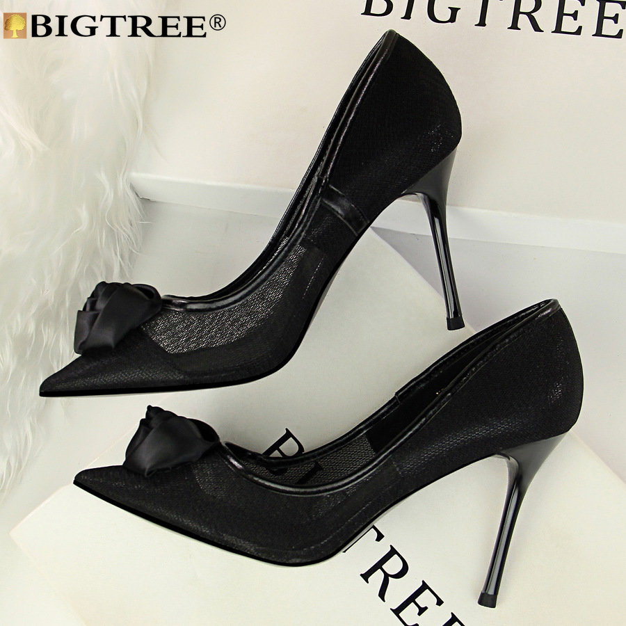 Fashion BIGTREE New High Prom Pumps wer Pointed Toe Air Mesh 10CM Thin Heels Sexy Women Shoes Black 4392