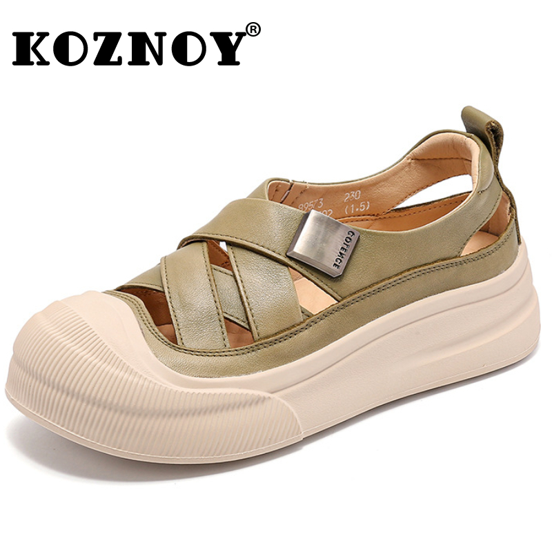 Koznoy 4cm Weave Cow Genuine Leather Summer Fashion Sandals Slip on Women Sandal Slippers Pumps Platform Wedge Hollow Flats