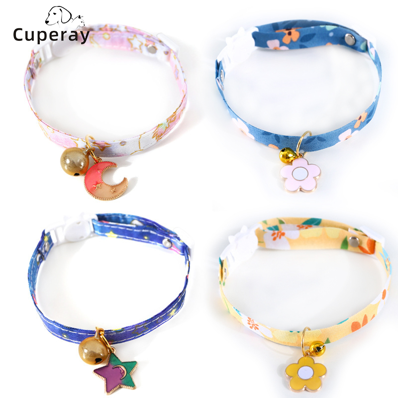 Breakaway Pet Collar with Bell and Adorable Ornaments Cat Collar with Eight Color Flowers Patterns Adjustable Cats Puppy Collar