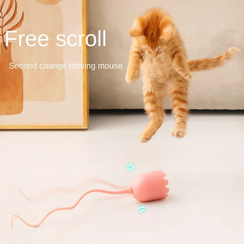 Interactive Cat Toys USB Electric Intelligent Rolling Ball Toy Cats Pet Silicone Automatic Rotate Mouse Tail Kitten Teaser Stick