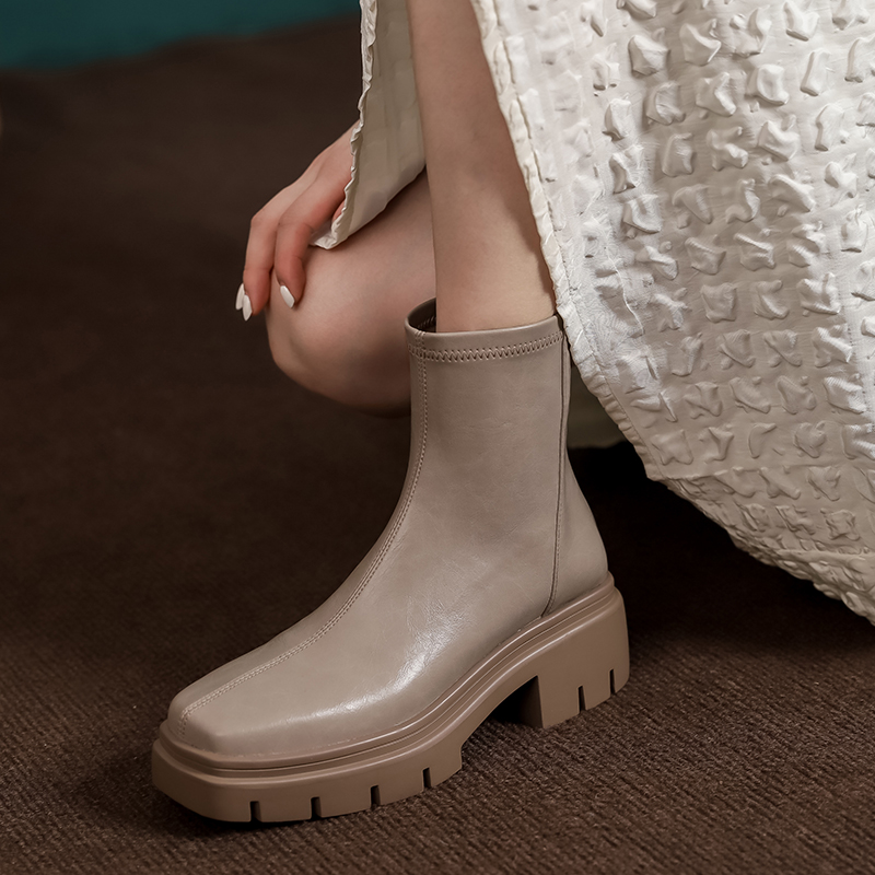 JOZHAMTA Size 33-40 Women Ankle Elastic Leather Thick High Heels Shoes Platform Short Booties Casual Office Stretch Boots