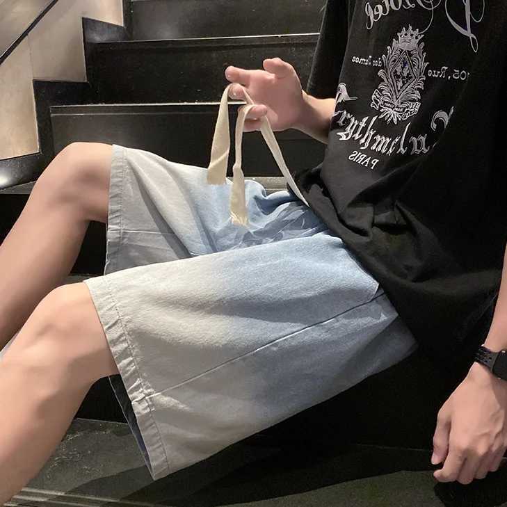 Denim shorts mens summer handsome gradient straight-leg five-quarter pants mens American loose brand retro mid-length pantsX240914
