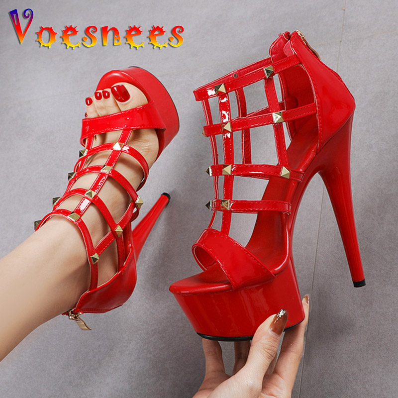 Women Sexy Thin Band Net High Heel With Metal Rivet Sandals Summer Waterproof Platforms Ladies Open-toe Stiletto Zip Party Shoes