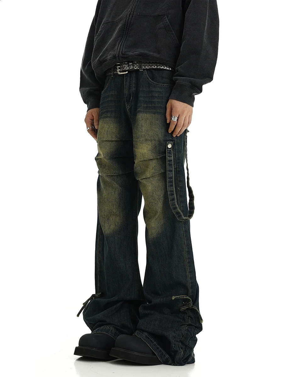 REDDACHiC Drawstring Stacked Flare Jeans Men Belt Deconstructed Whiskers Pleated Casual Wide Leg Bootcut Pants Hiphop Streetwear 240912