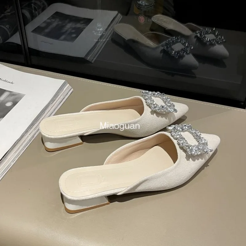 Summer Woman's Sandal New Pointed Toe Shallow Nude Pink Luxury Designer Rhinestone Slippers Shoes Low Heel Woman Fashion Comfort