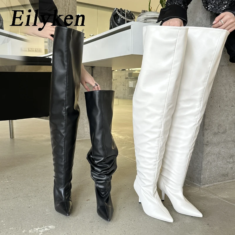 Eilyken Sexy Thin Heels Over-the-Knee Boots Women Pleated Nightclub Shoes Autumn Winter Pointed Toe Thigh High Long Booties 8245 6192