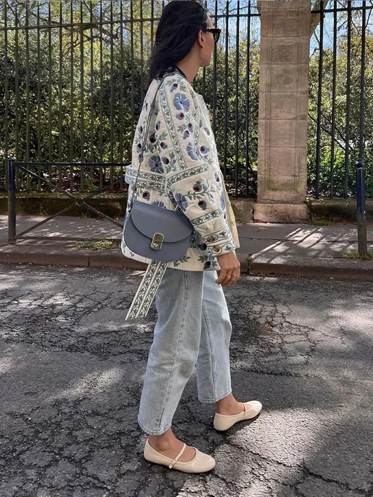 Elegant Print Quilted Belt Women Jacket Slim O-neck Single Breasted Long Lantern Sleeve Coat 2024 Winter Lady Casual Streetwear 240912