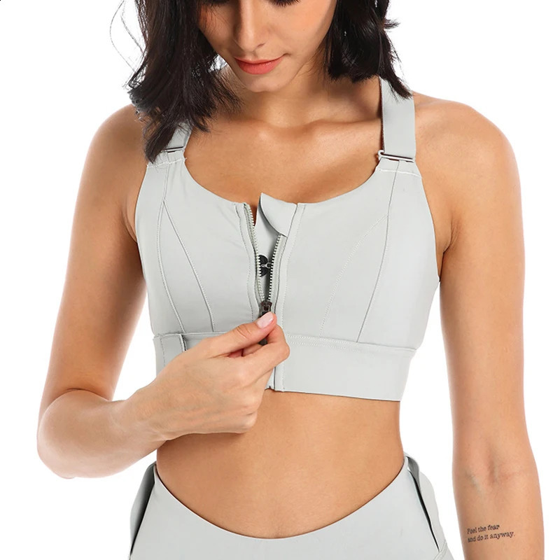 Womens sports yoga vest with front zipper large adjustable shoulder straps shockproof fitness bra top of the line underwear 240914
