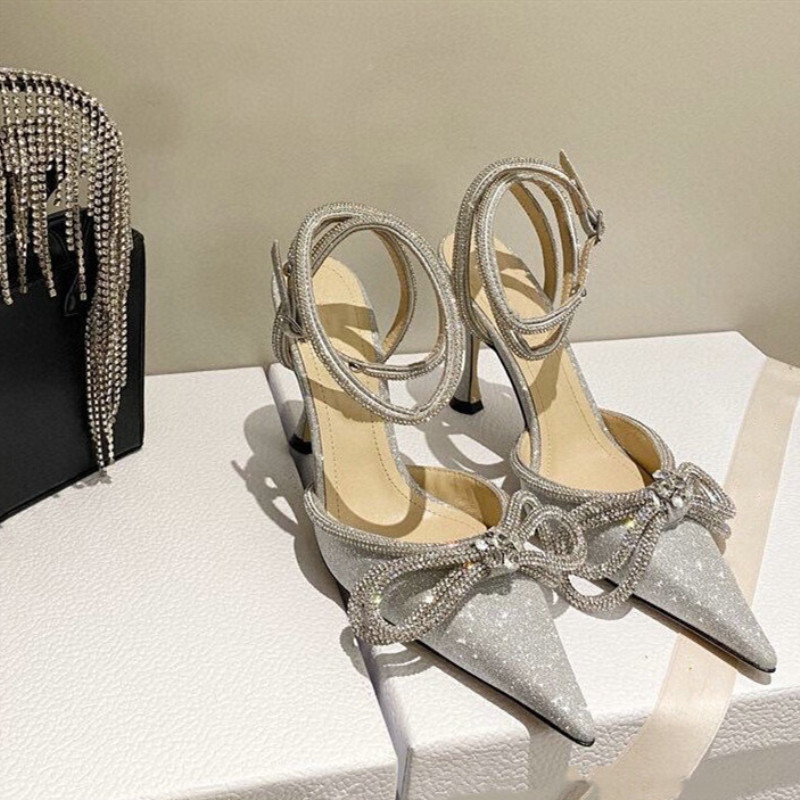 New 2024 Style Rhie Stiletto Sandals Female Crystal Word Fairy Bow Knot With Dia Banquet High Heels 4ed4