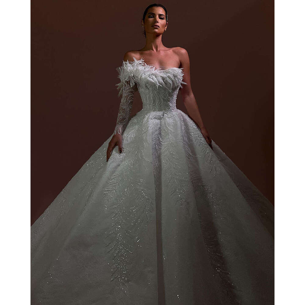 Princess Wedding Dresses Ball Gown Strapless One Shoulder Sequins Feathers or-Length Bride Dress Vestido de novia Custom Made