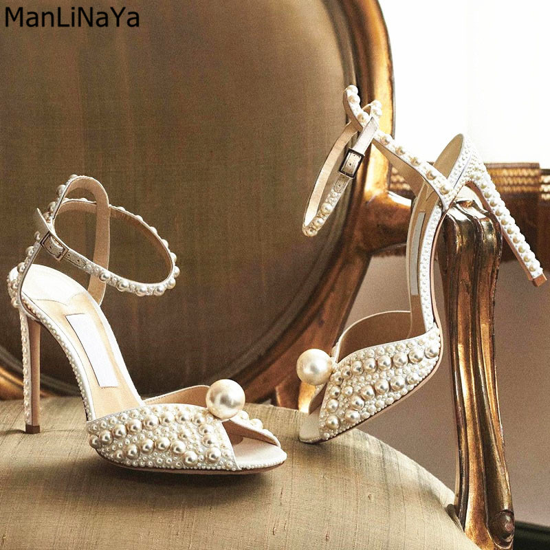Luxury Summer Brand White Pearl Sandals Bridal Wedding Shoes Women Thin Stilettos Peep Toe Evening Party High Heels Top Quality