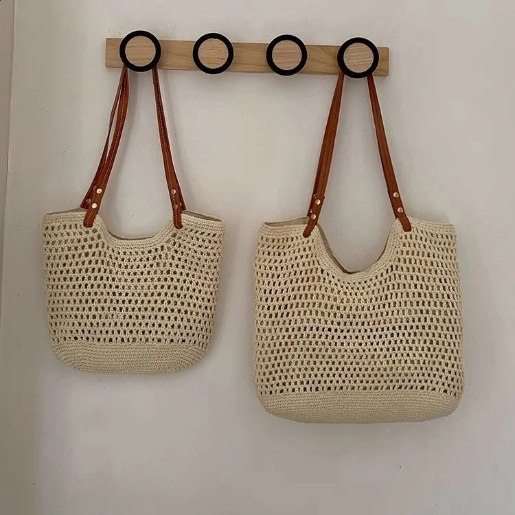 Leisure hollow large capacity handbag milk cotton woven womens shoulder bag handmade summer beach big Bali shopping 240913