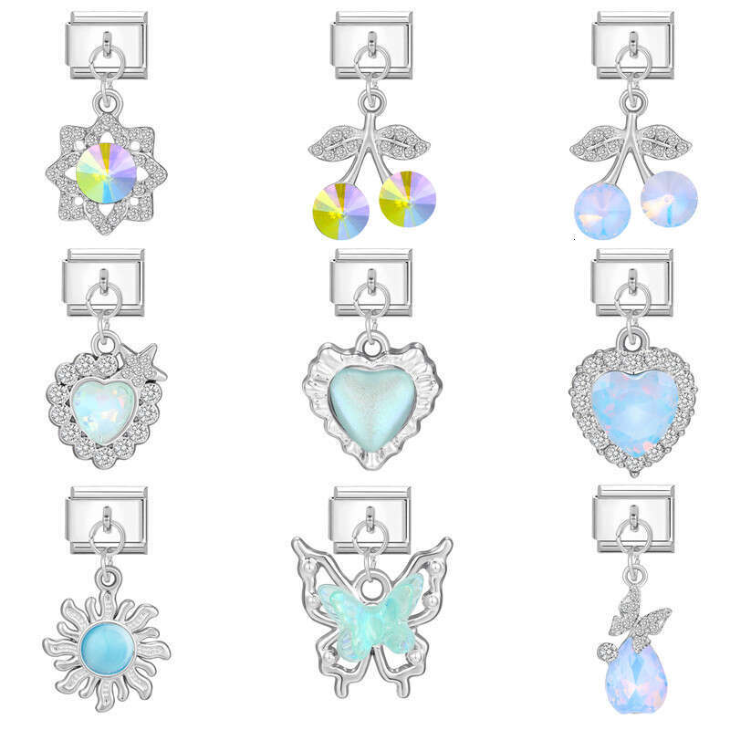 New Women's Gift Heart Butterfly Shiny CZ Pendant Italian Charms Links Bangle Beads Fit 9mm Stainless Steel Bracelet Making DIY For Women Fashion