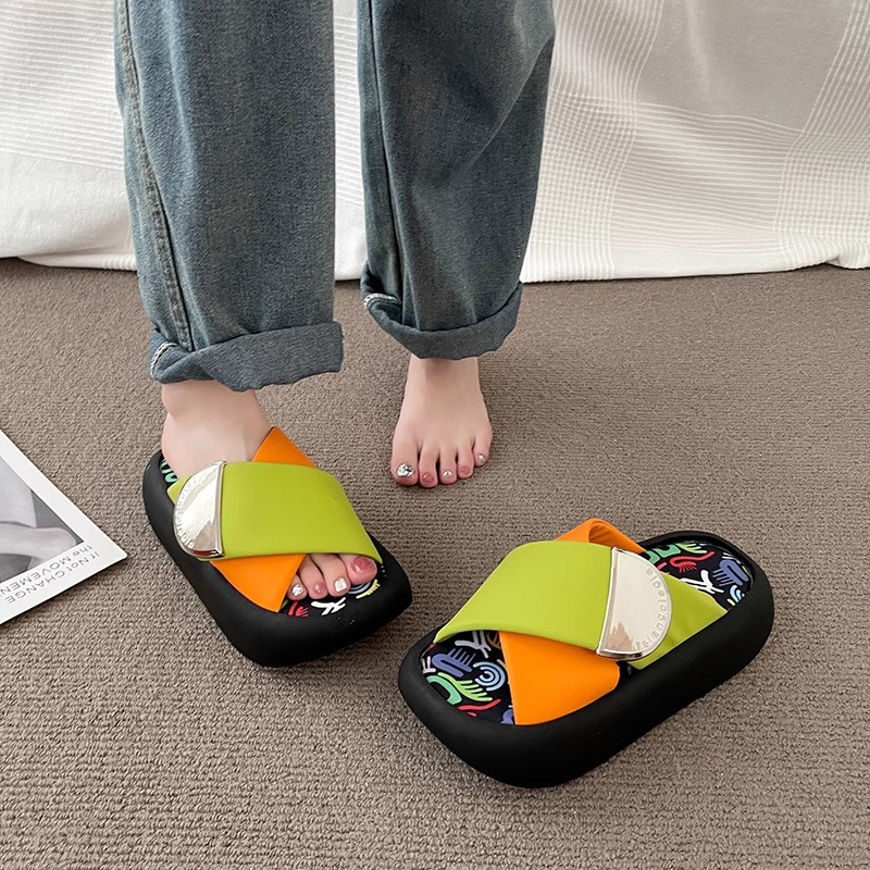 Slippers Female Heels Platform Summer Clogs Woman Slides 2024 High Flat Massage Beach Rome PU Cross-tied Graffiti Shoes Ho 58e7 3e8