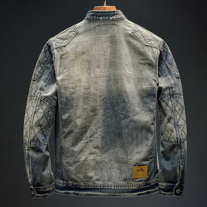 Retro shaver spliced denim jacket mens upright collar slim suitable for casual hand washing nostalgic street motorcycle jacket W24091410