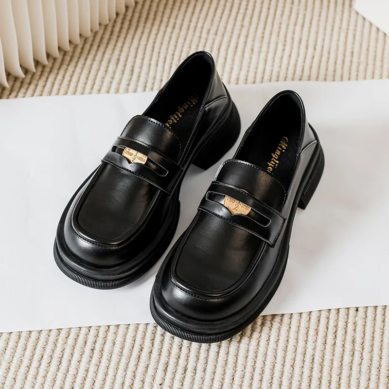 Women Black British Style Leather Shoes Fashion Platform Shoes Spring Autumn Retro Loafers Thick Heel Soft Sole JK Single Shoe
