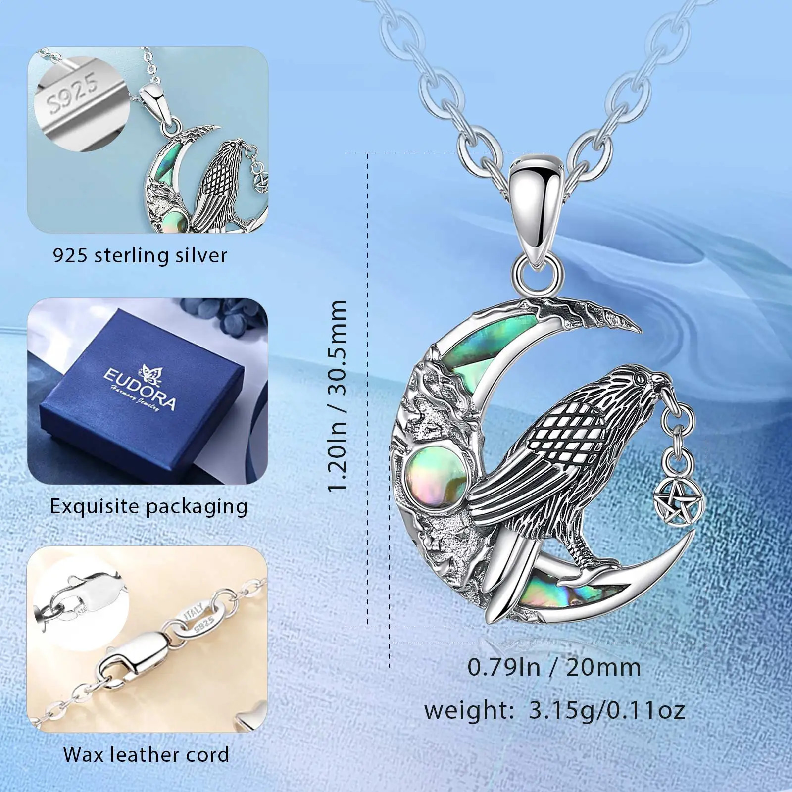 Eudora 925 Pure Silver Viking Crow Moon Necklace for Men Pentagram Talisman Pendant Natural Abalone Shell Jewelry 240912