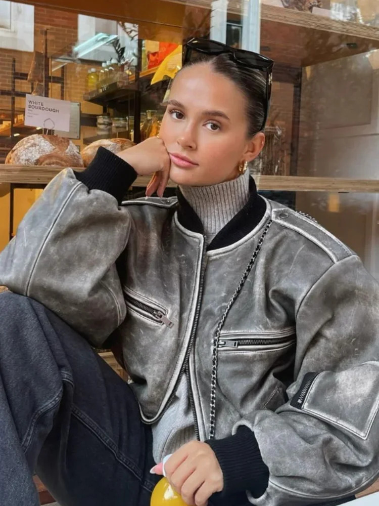 Women Casual O Neck Zipper Bomber Jacket Elegant Lantern Long Sleeves Pocket Short Coat Autumn Lady Commuting Motorcycle Outwear