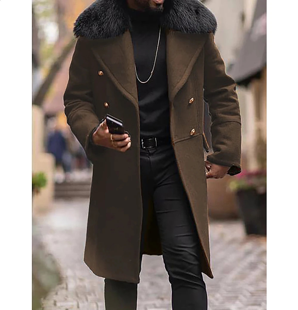 Mens autumn and winter casual wool coat double-layer high-quality fur collar medium length windproof 240912