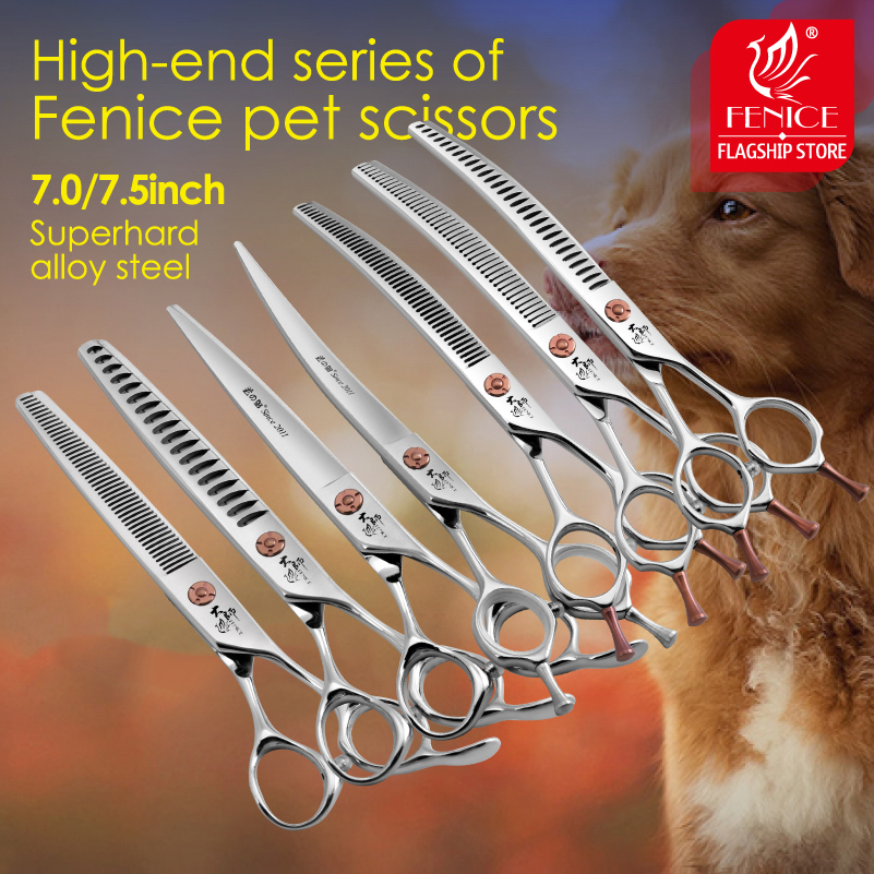 Fenice Japanese Steel 7 Inch Professional Pet Dogs Grooming Scissors Kit Straight&Curved &Thinner&Chunker&Fluffy Shear Scissors
