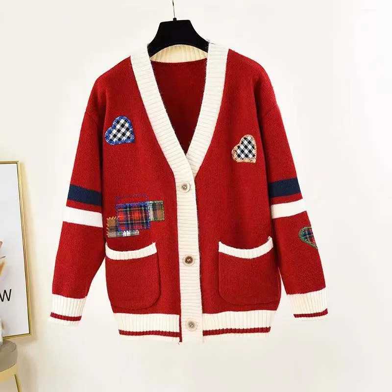 V-neck Love Patch Color-block Knit Cardigan For Men And Women Spring And Autumn Loose Slim Versatile Casual Sweater Jacket M240914