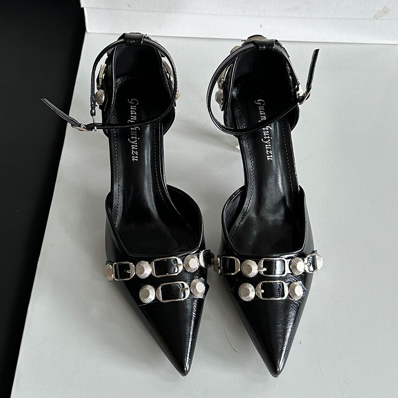 Female Black Designer Metal Rivet Footwear High Heels Pumps For Women Fashion Pointed Toe Ankle Strap Ladies Heeled Shoes 5081