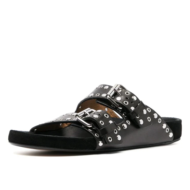 Beach Rivet Slippers: Unisex Cowhide Roman Non-Slip Flat Sandals, Summer Casual Outdoor