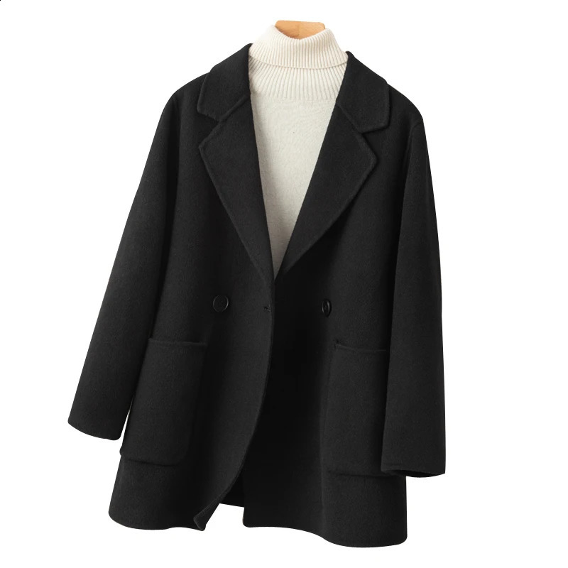 Kaixing Classic Casual Style Womens Coat 100% Pure Wool Reversible Loose Set Jacket Fashion Large Pocket 240912