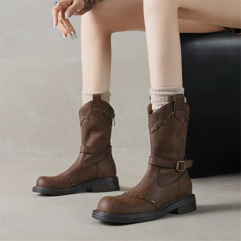 Autumn Winter Split Leather Fashion Rivet Round Toe Shoes for Short Women Mujer Low Heel Western Boots