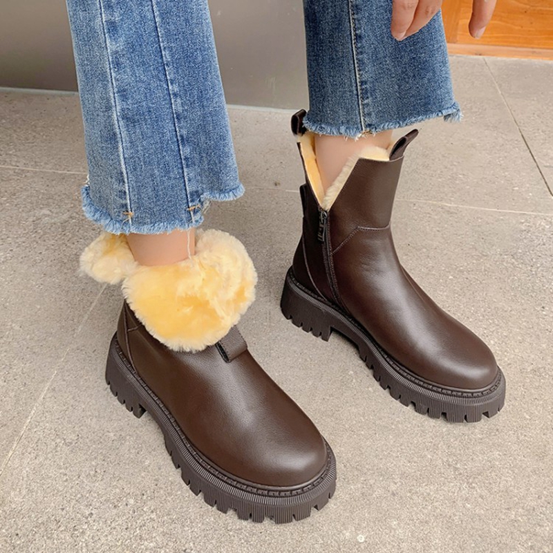 Round Autumn Toe Thick Heel Genuine Leather Winter Blended Wool Platform Snow Boots Warm Shoes for Women 0659