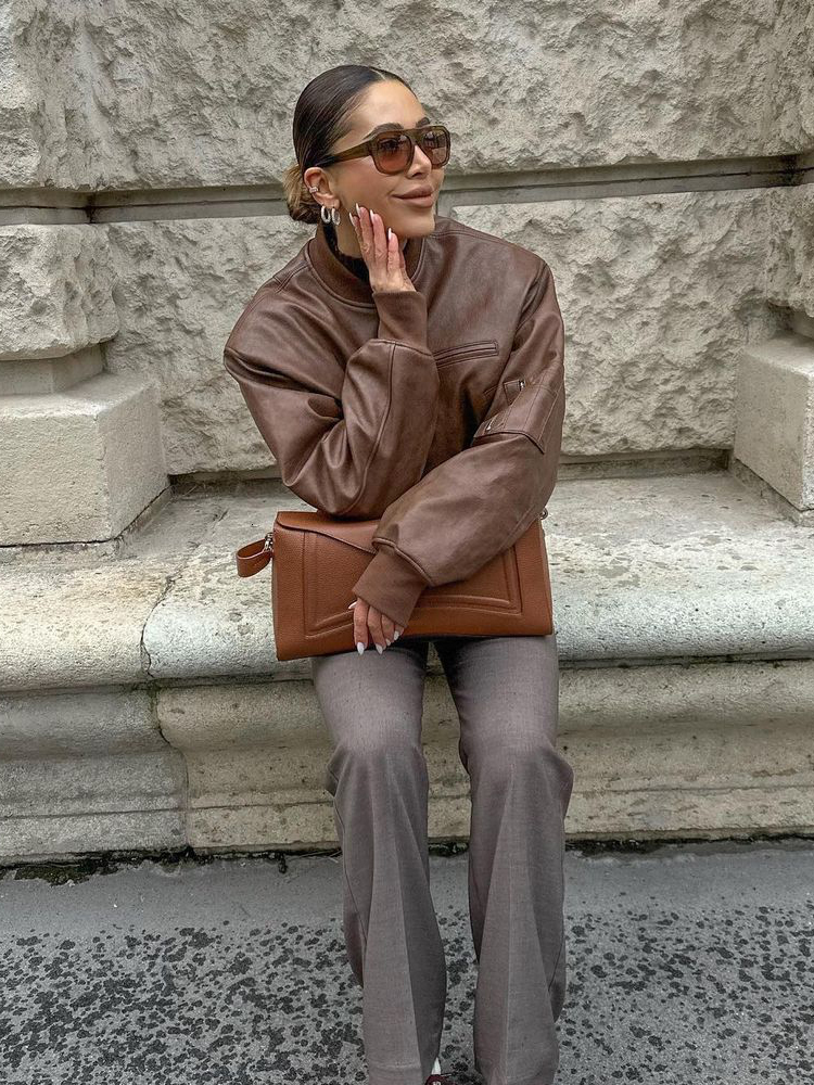 Casual Solid Leather Bomber Jacket For Women O-Neck Zipped Pockets Long Sleeve Loose Coat Female Autumn New Fashion Lady Coats