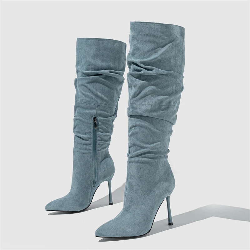Eilyken Fashion Pleated Denim Women Knee-High Boots Zipper Shoes Autumn Winter Pointed Toe Thin Heels Booties atos Mujer