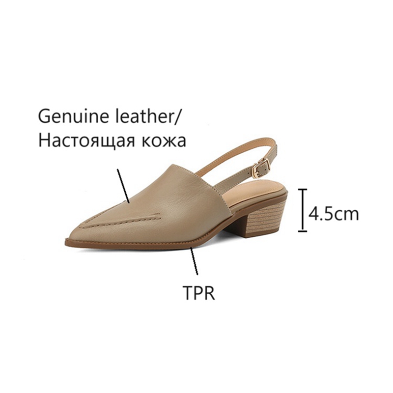 NEW Summer Women Sandals Genuine Leather Shoes for Women Pointed Toe Chunky Heel Shoes Simple Cover Toe Slingback Buckle Sandals