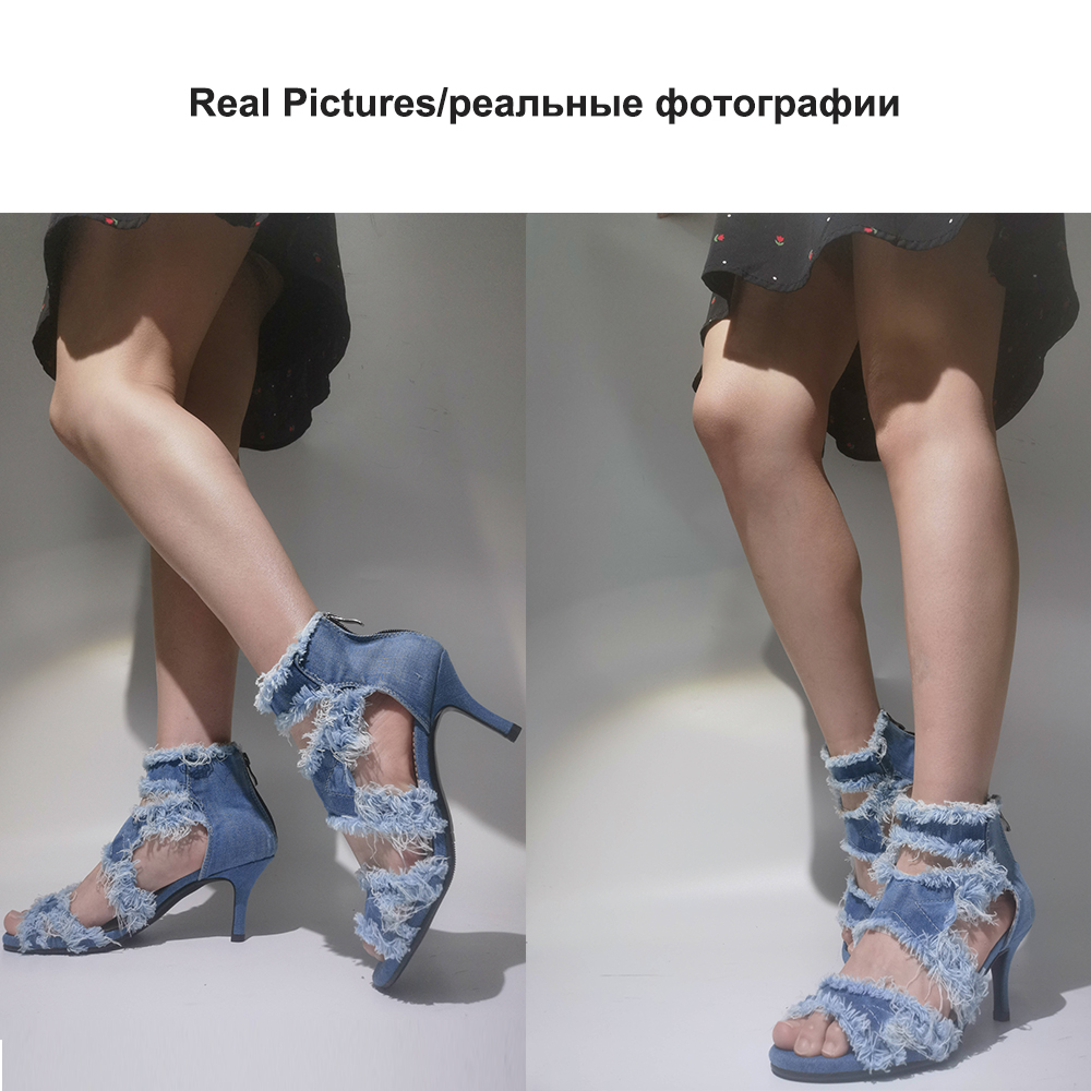 Open Toe Denim Women's Sandals Ankle Strap Stiletto Peep Toe Cutout Zipper High Heels Sandals Casual Daily Shoes Plus Size 46