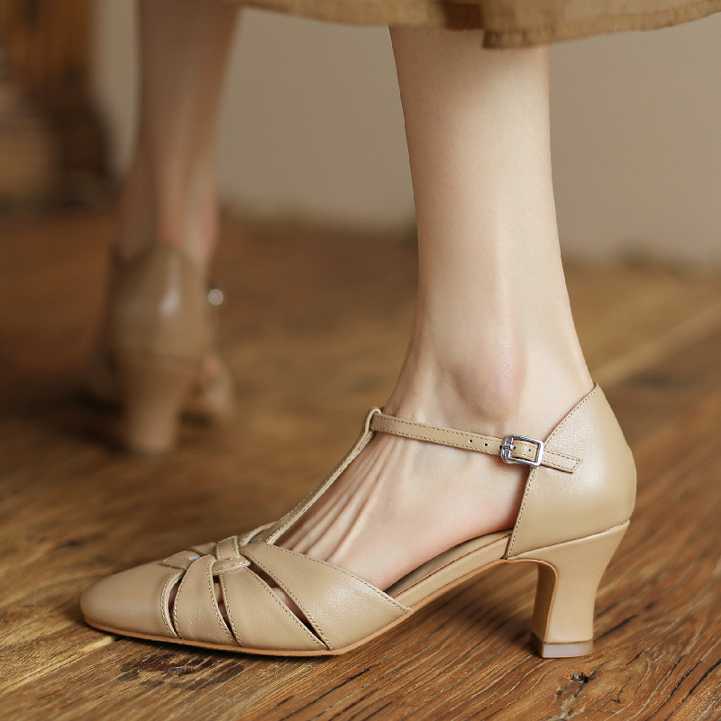 Leather Genuine Women's Sandals New Summer Red Nude Medium Heels Gladiator Flip ps Casual Ballet Dance Shoes Female 0364