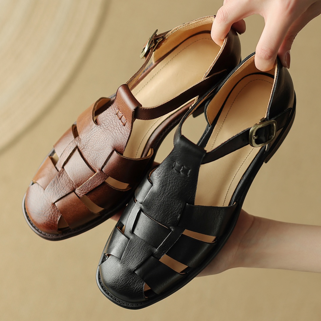 Plus size 34-41 women's genuine leather narrow band braided t-strap flats sandals retro round toe casual female summer shoes hot