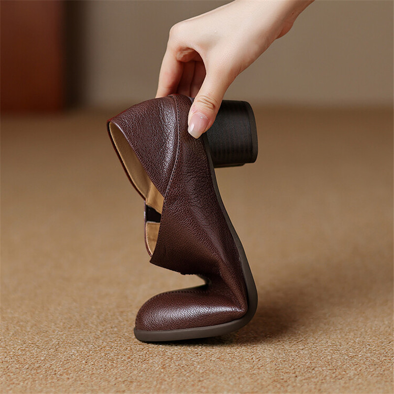 Autumn New Genuine New Leather Fashion Round Toe Casual for Chunky Heel Shoes Women Pumps atos De Mujer 62c4