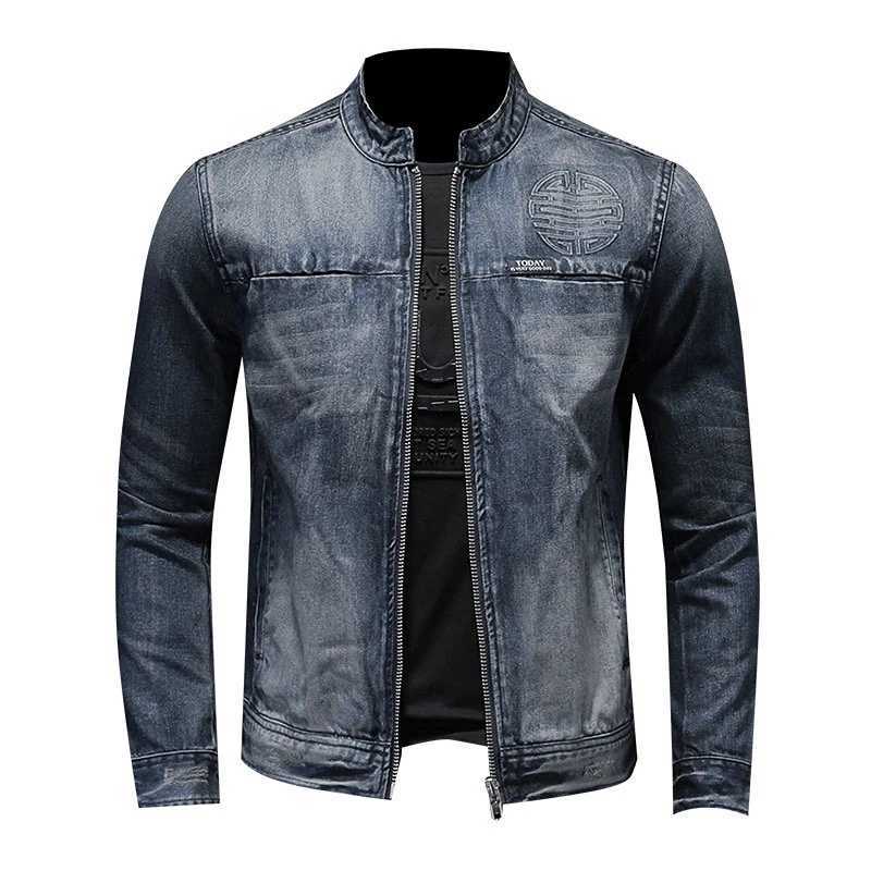 New vertical collar blue denim jacket mens slim fit motorcycle style casual outdoor top W240914